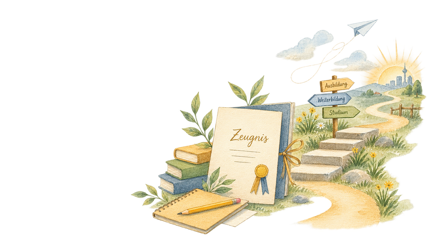 Illustration mit Zeugnis, Büchern, Stufen und einem Weg als Symbol für Schulabschluss und weiterführende Bildungswege.