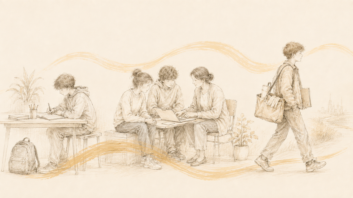 Illustration zur Berufsvorbereitung mit Jugendlichen und einer begleitenden Fachkraft
