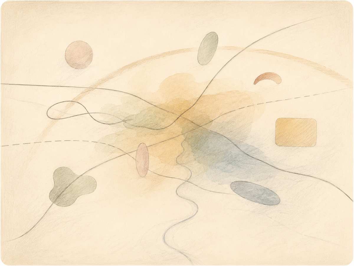 Abstrakte Illustration mit sich kreuzenden Linien und unterschiedlichen Formen als Symbol für individuelle Wege und soziale Entwicklung.