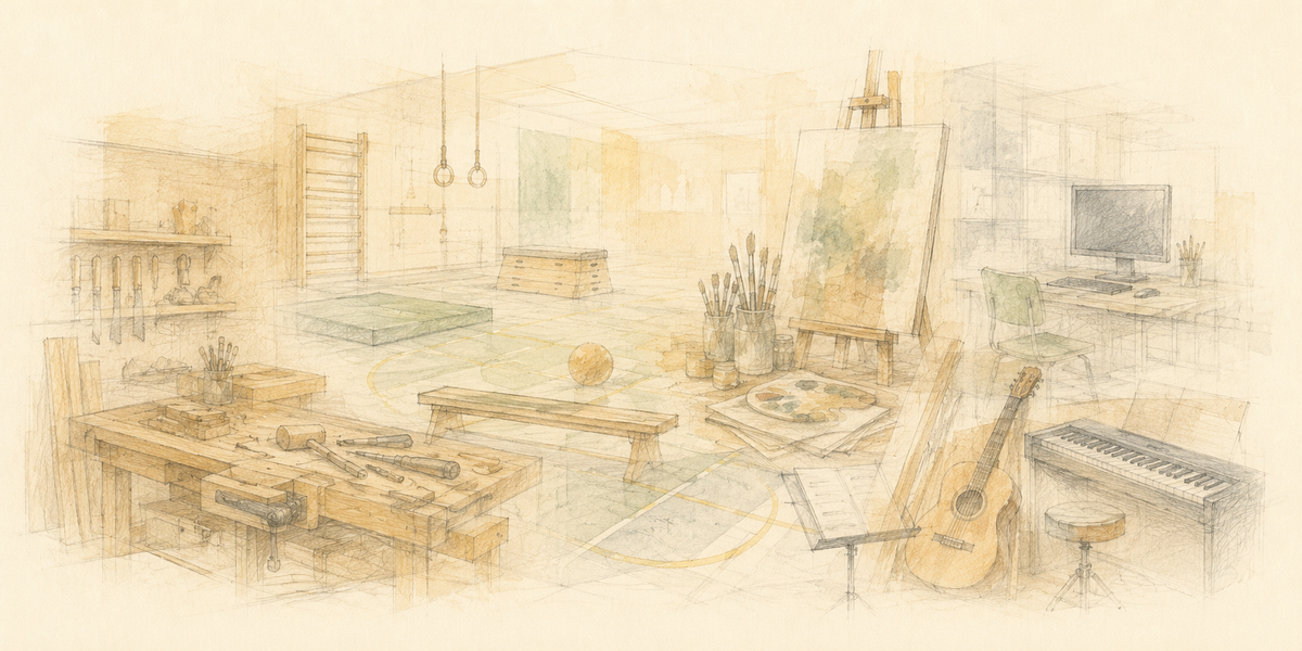 Illustration verschiedener Lern- und Fachbereiche mit Werkbank, Sportgeräten, Malutensilien und Musikinstrumenten.