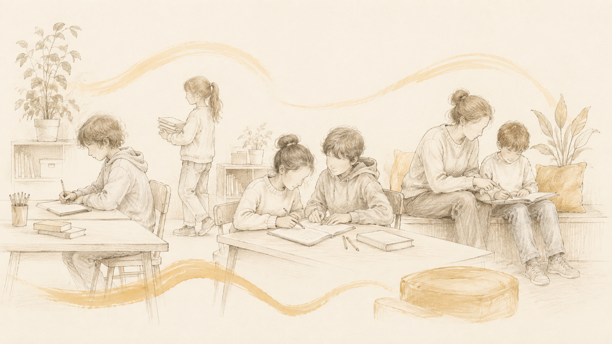 Illustration verschiedener Lernformen mit Schülerinnen und Schülern und einer begleitenden Fachkraft